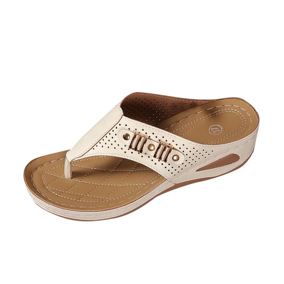 RUIYANQI Women's Toe - Thong Flat Sandals,Perforated Design with Metal Accents,Casual Outdoor Footwear for Summer & Beach Wear Beige Women Sandal