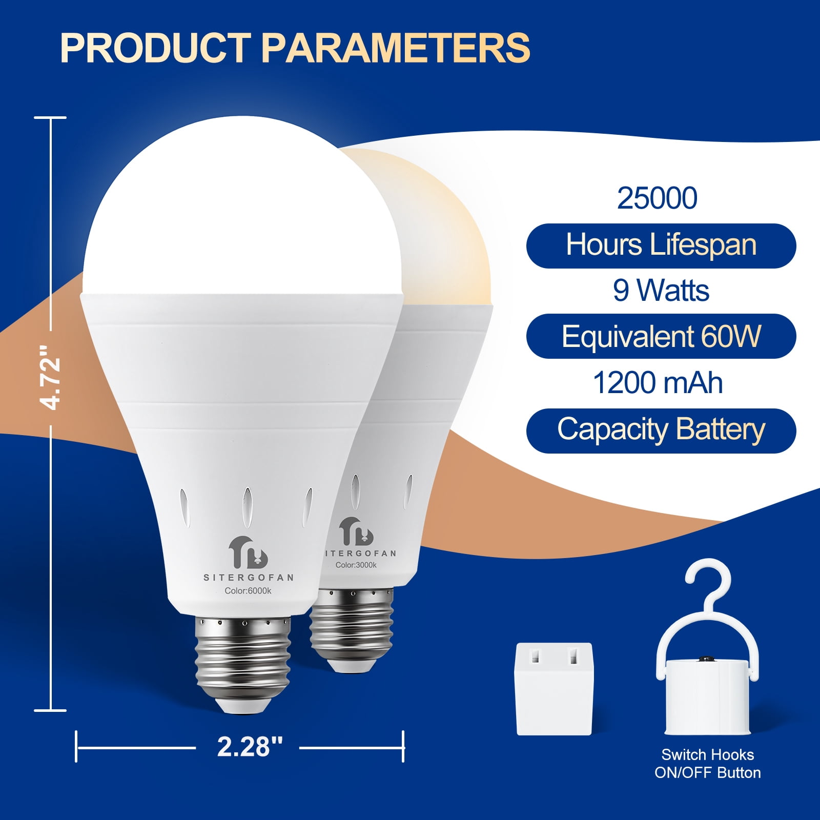 6PK 9W Rechargeable Light Bulbs,E26 Emergency Light Bulb with Hook for Daily,Home Emergency,Outdoor Portable Use