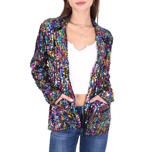 Women's Sequin Jackets Long Sleeve Open Front Glitter Sparkle Party Blazer Jacket,Multicolor