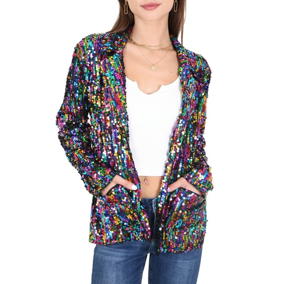 Women's Sequin Jackets Long Sleeve Open Front Glitter Sparkle Party Blazer Jacket,Multicolor,Medium
