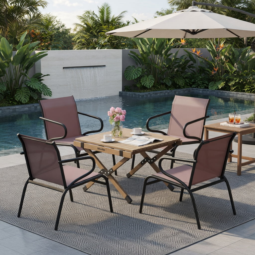 Hommoo Modern Outdoor Patio Chairs Set of 2, Breathable Fabric, Heavy-Duty Metal Frame, Ergonomic Design for Porch, Deck, Poolside & Garden, Black & Brown
