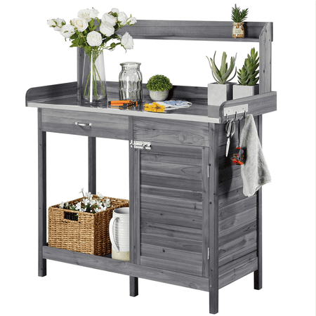 Yaheetech Outdoor Garden Potting Bench Table Work Bench Metal Tabletop W/Cabinet Gray