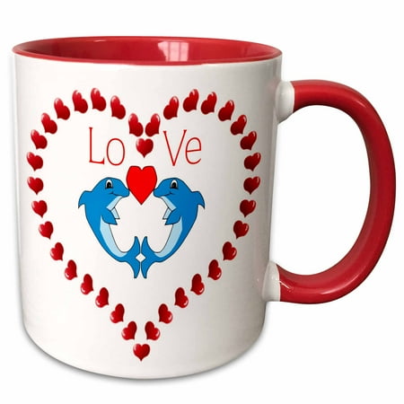 

3dRose Image of Cartoon Dolphins Surrounded By Large Heart - Two Tone Red Mug 11-ounce