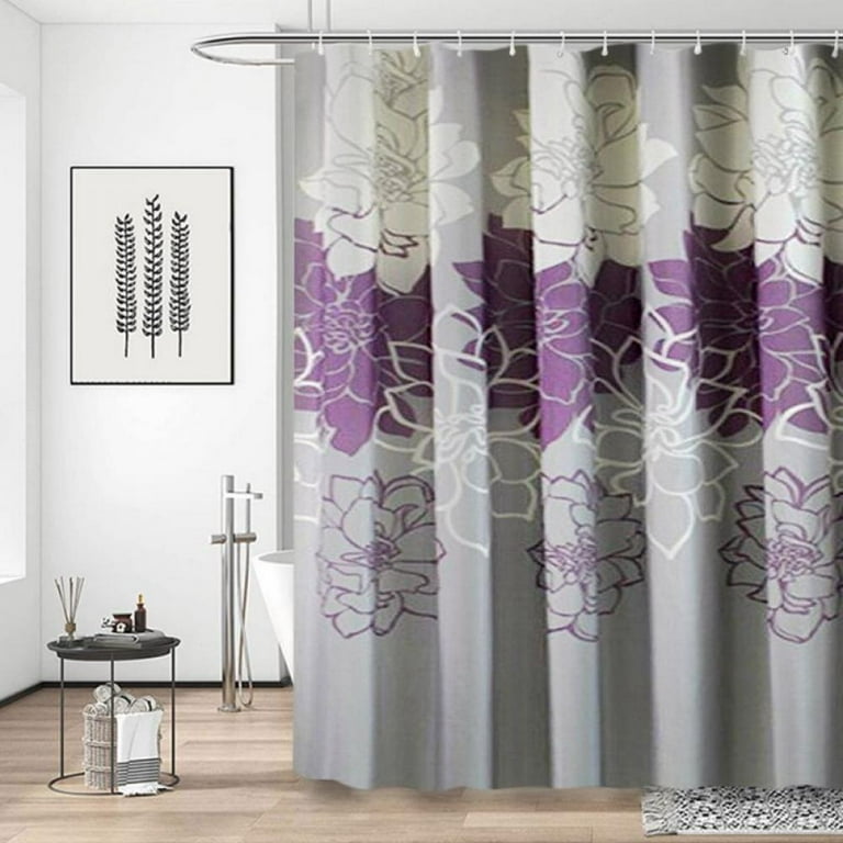 Shower Curtains Purple and Gray Floral Pattern Bathroom Waterproof Fabric Tub Curtains with Hooks Bathroom Accessories 72