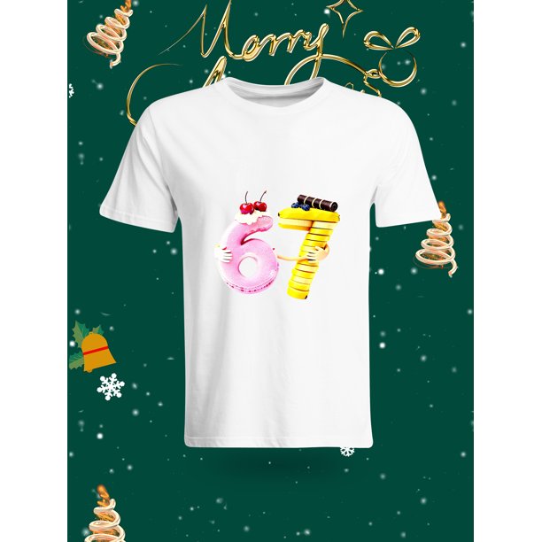 Creative Number 67 Donut Shape Printed Casual T-Shirt This T-shirt features a unique design with the numbers 6 and 7 shaped like delicious donuts, decorated with cherries and blueberries. It's a fun