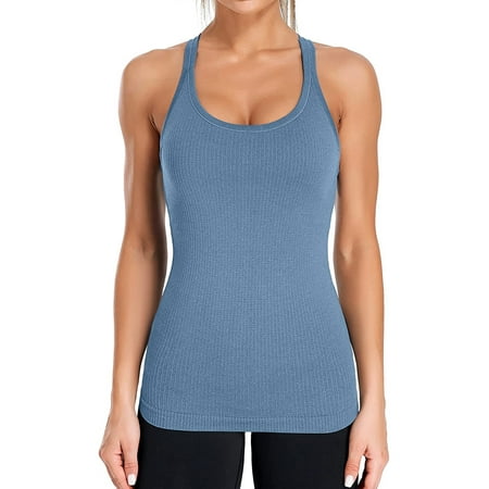 Colorfulkoala Women's Dreamlux Ribbed V-Neck Workout Tank Top with Built-in  Shelf Bra Padded Cropped Yoga Shirts(XS, Blue Ink) at  Women's  Clothing store