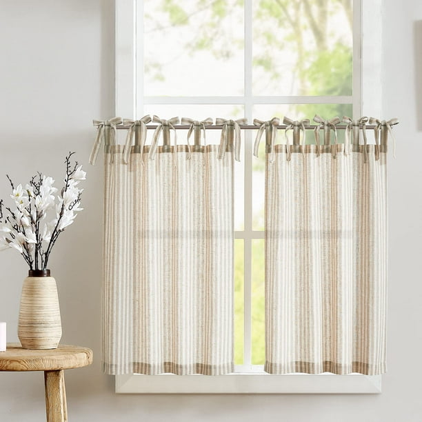 Cortinas de cocina Jinchan con lazo en la parte superior de lino, 60 cm de longitud, 2 paneles