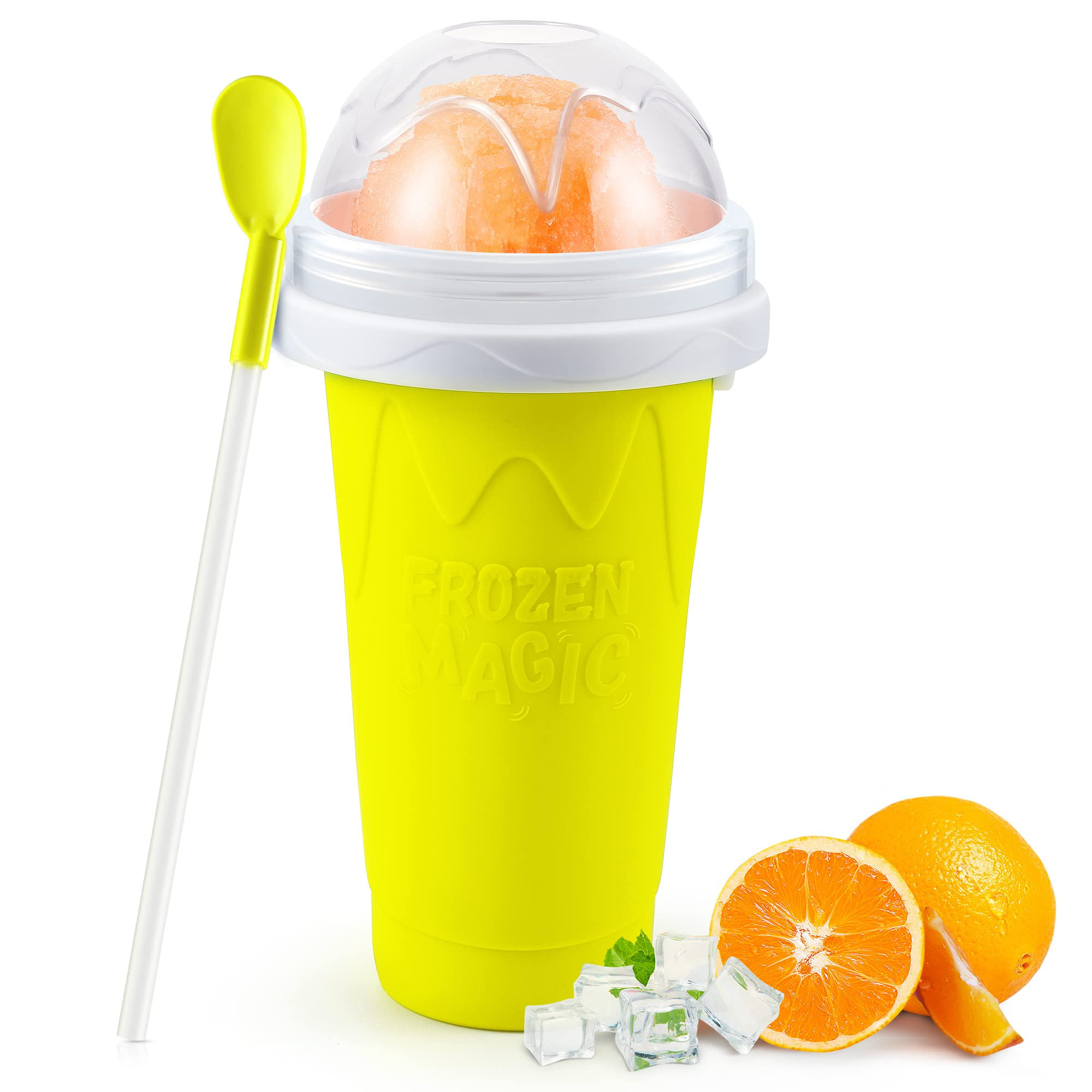 2PCS Slushie Maker Cup Magic Quick Frozen Smoothies Cup Double Layer Juice Cup Squeeze Silica Cup Cooling Cup Homemade Milk Shake Ice Cream Maker DIY it for Children and Family Yellow+red 