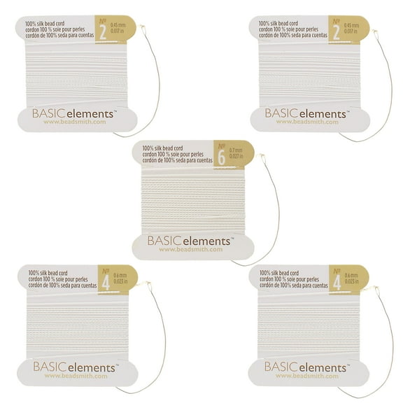 The Beadsmith Pure Silk Cord – White Color, Assorted Sizes 2, 4, & 6, Five Cards, Needles Attached