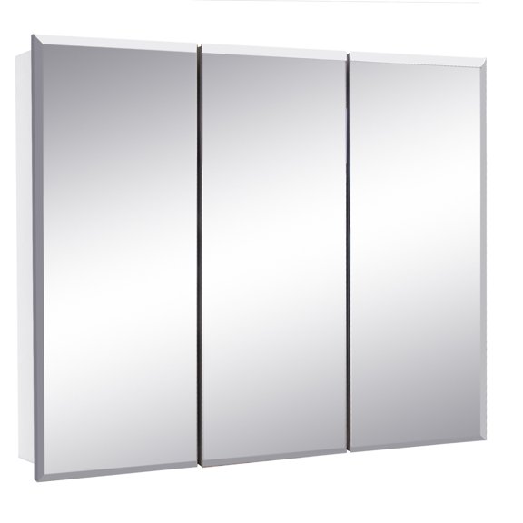 White Bathroom Medicine Cabinet, Cyprus 36 in., 3 Frameless Mirrored Doors, Wall Mount or Recessed, Pre-Assembled