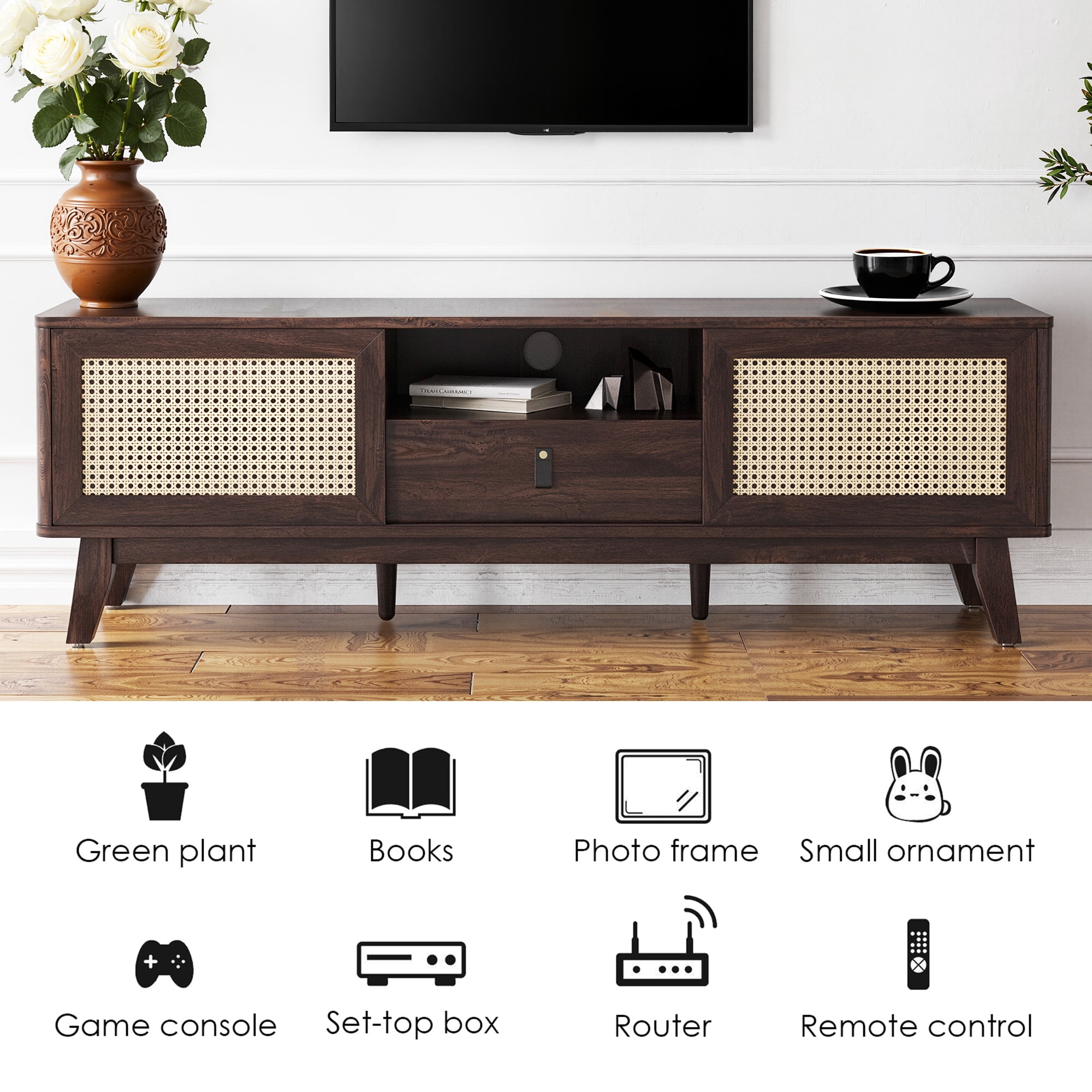 MAYEERTY Walnut 70"Rattan&Wood TV Stand, Boho Media Console with Drawer & 2 Cabinets for Living Room