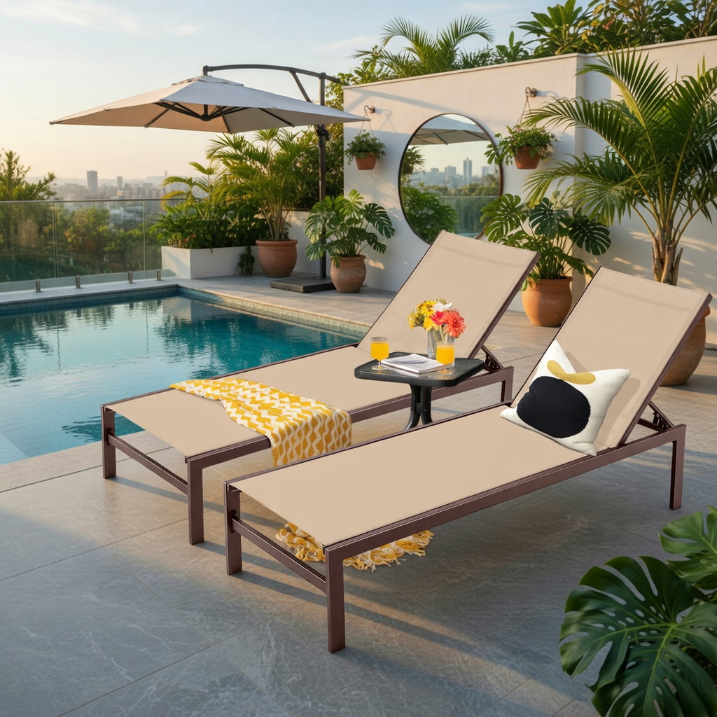 Hommoo 6-Position Adjustable Chaise Lounge Chair, Rustproof Aluminum Frame, Breathable Quick-Dry Fabric, Flat-Lay Recliner for Patio, Poolside & Backyard, Brown