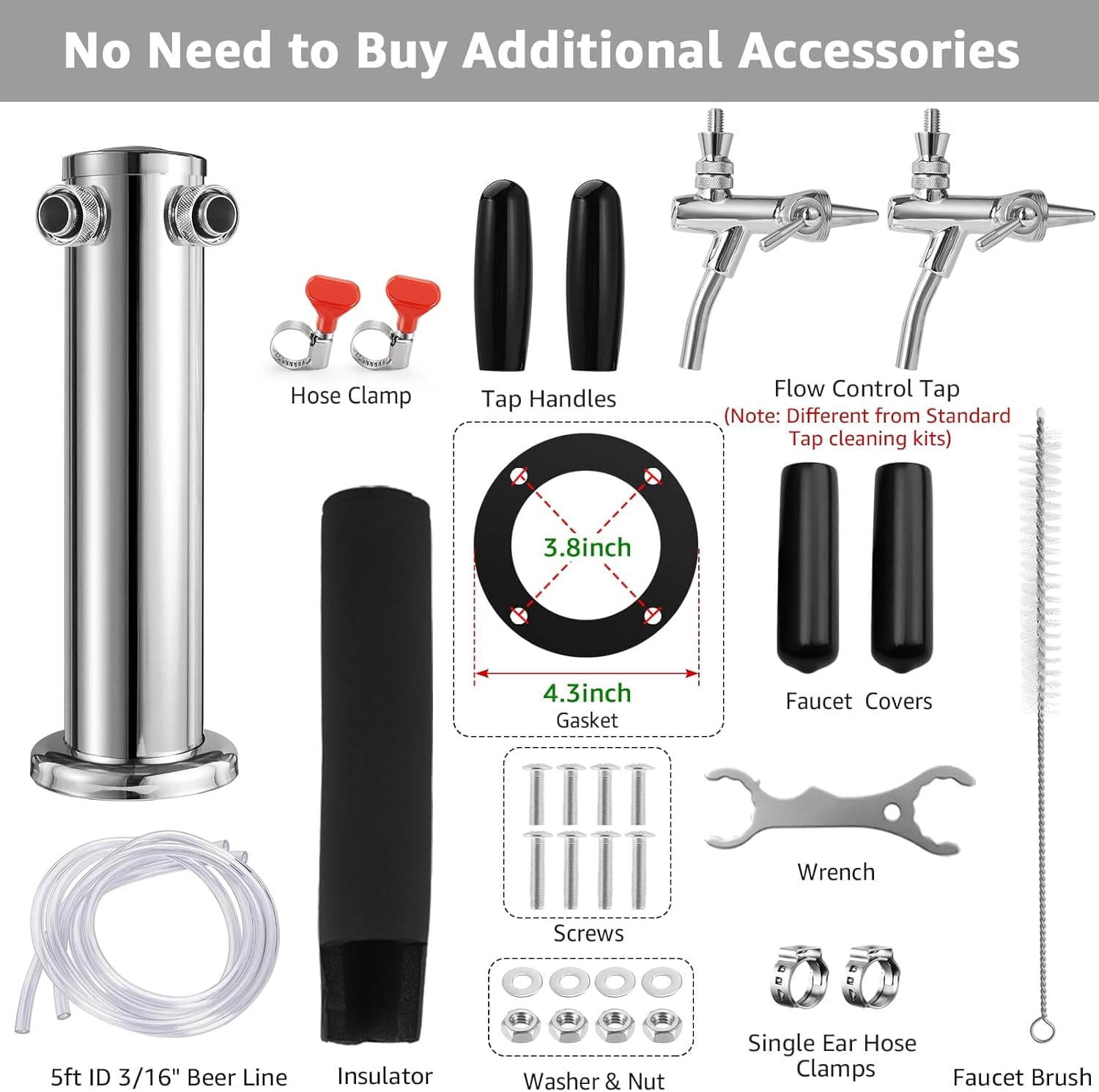 Upgraded Adjustable Dual Tap Kegerator Tower with Flow Control -Closing Faucet and Pre-Assembled Lines