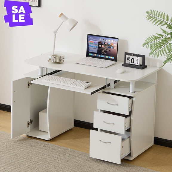 IVV 45.27" Computer Desk with Keyboard Tray, Home Office Desk with 3 Drawers and Storage Cabinet, for Study, Living Room, Bedroom, White