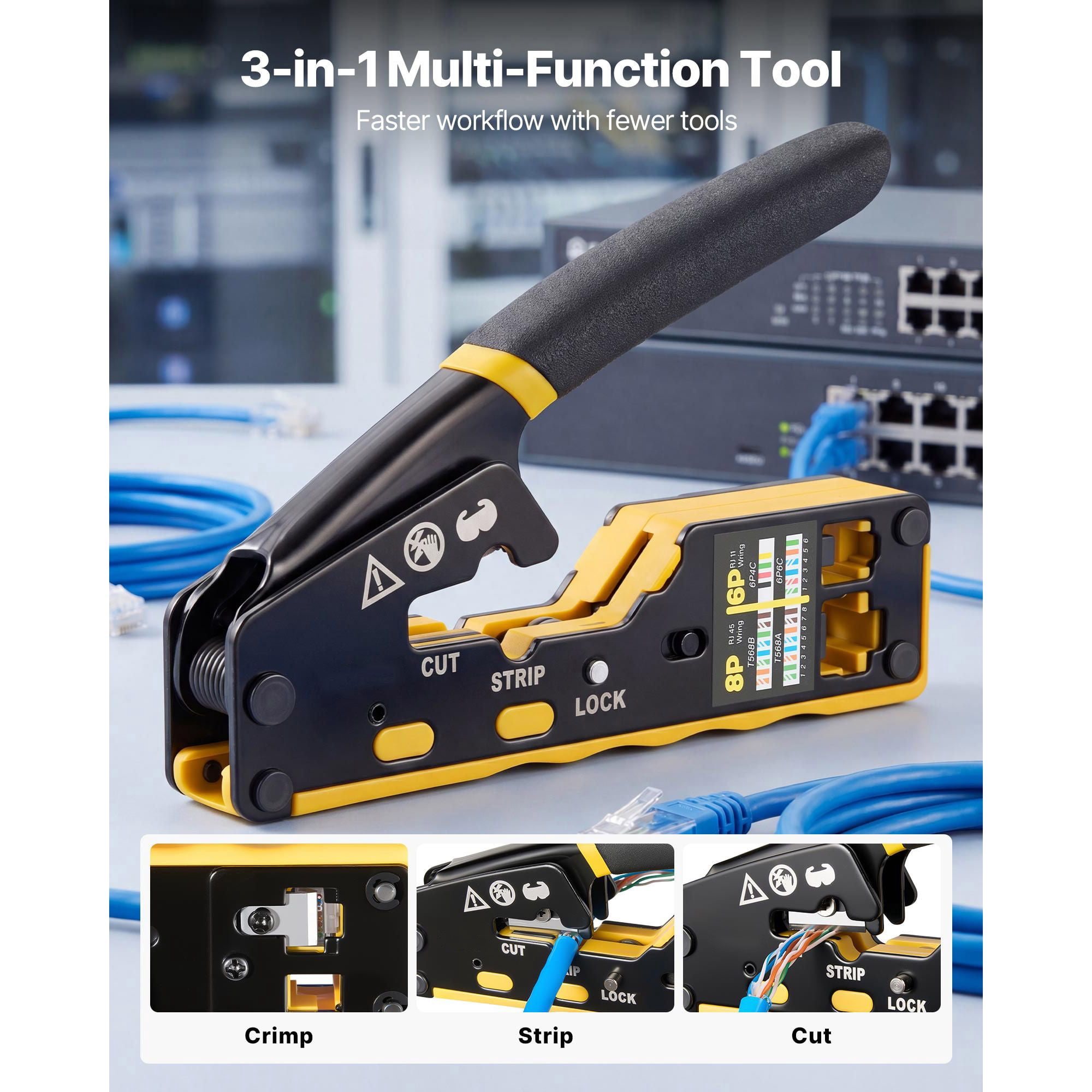 3-in-1 Ethernet Crimper Tool, Cut Strip Crimp RJ45 CAT5 CAT6, Precise Stripping Clean Cutting Accurate Crimping Network Cable Tool