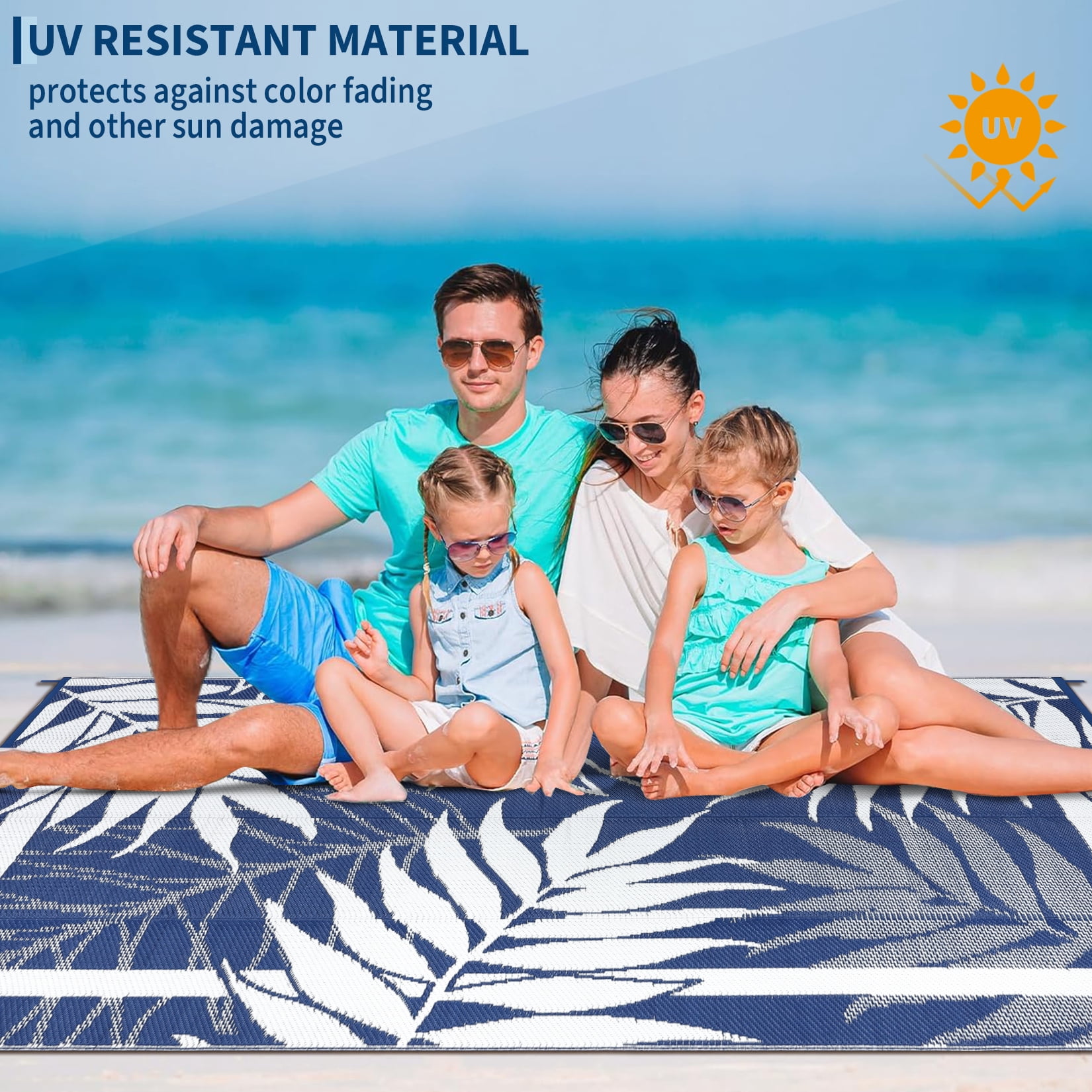 Nanan 9'x12' Outdoor Rug, Modern Leaf Print Waterproof Patio Rug, Outdoor Reversible Plastic Straw Rug for Camping, Deck, Bench, Picnic, RV, Dark Blue