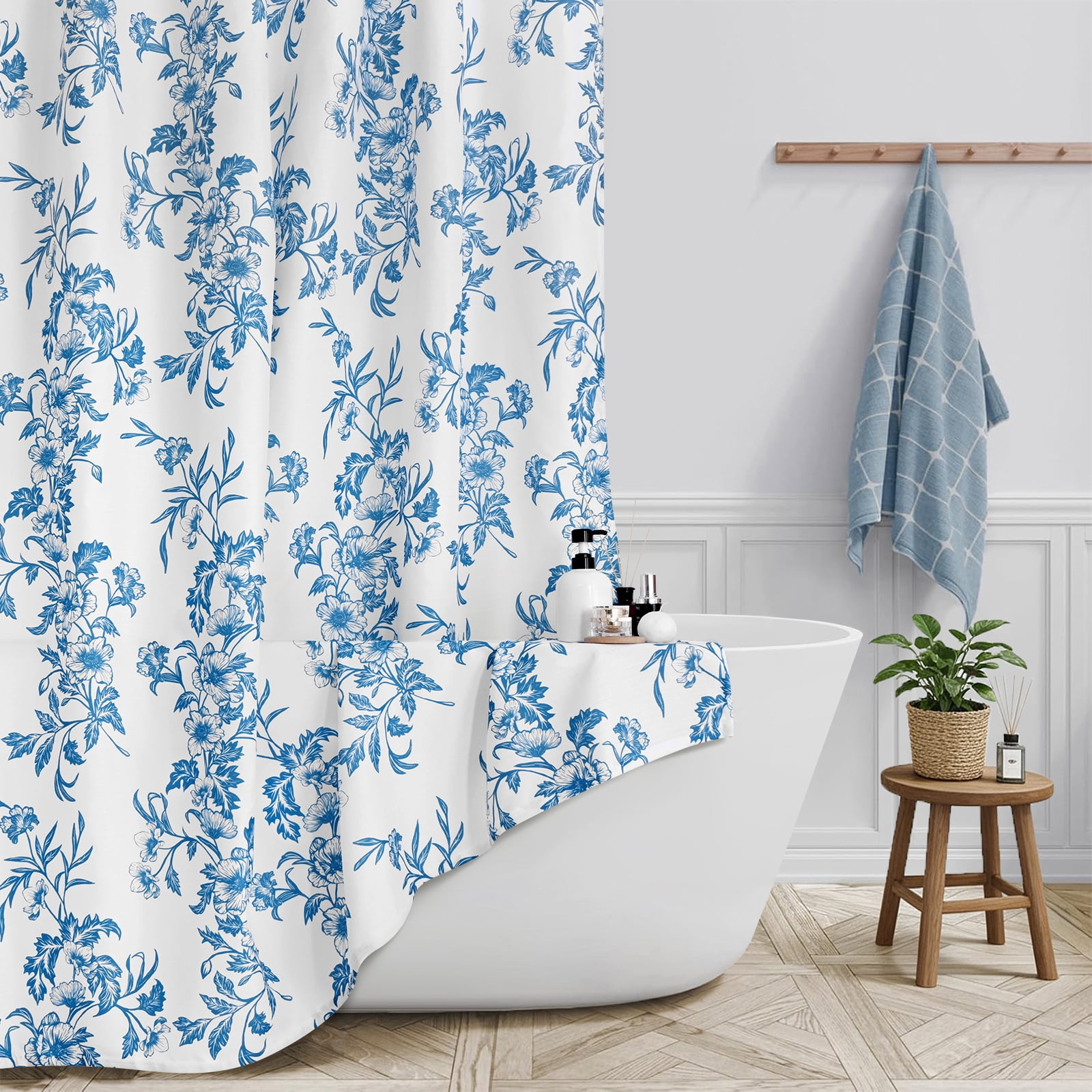 FRAMICS Blue Floral Shower Curtain Sets with Rug and Hooks, 14-Piece Heavy Duty Fabric Cottagecore Bathroom Sets, Waterproof and Mildew-Resistant