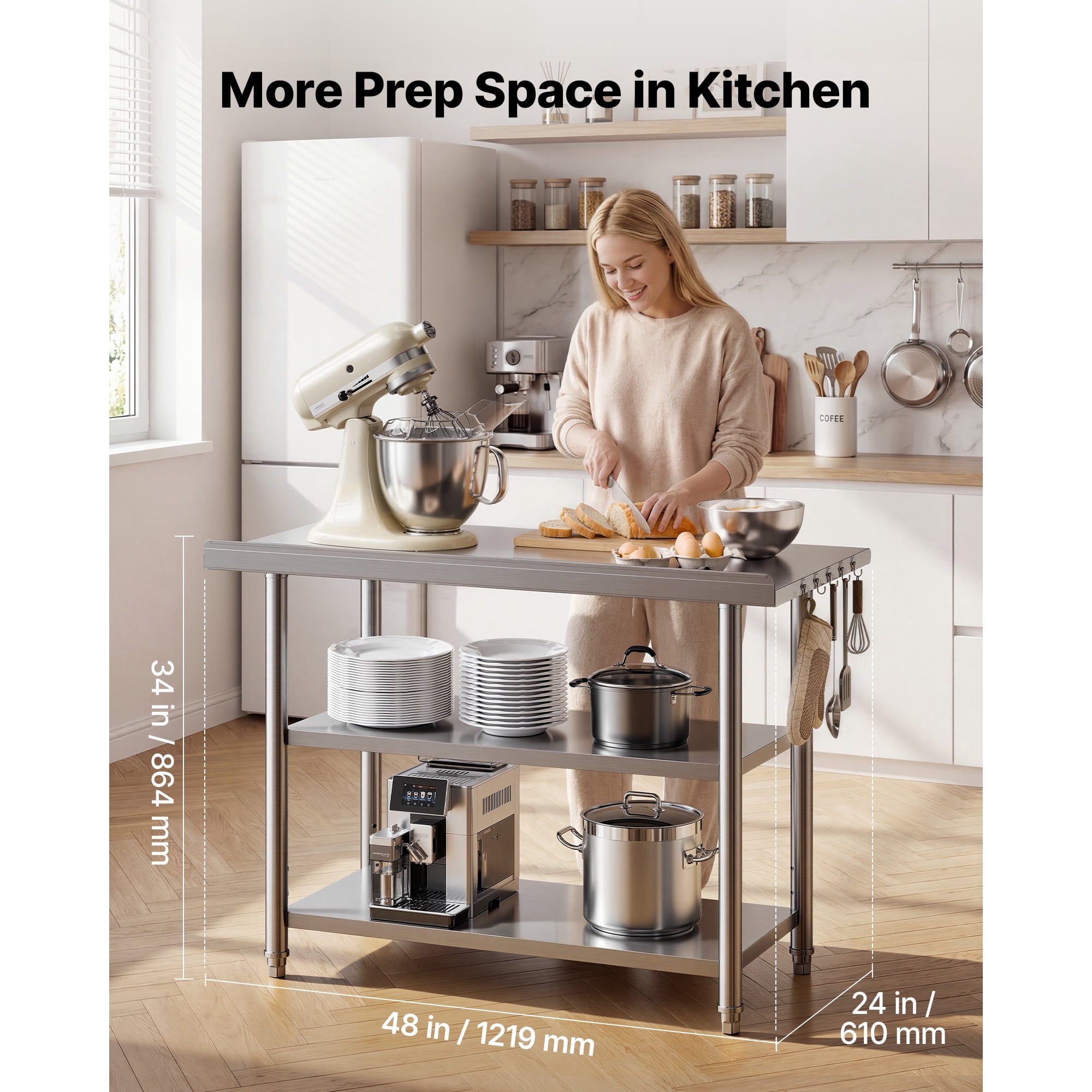 KFFKFF Stainless Steel Work Table, 24x48 Inch Food Prep Station with Dual Shelves and Backsplash, Durable Metal Utility Table for Commercial Kitchens, Home, Hotels, Garages, and Outdoor Use