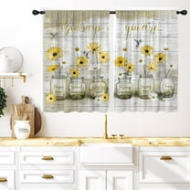 Yellow Floral Kitchen Window Curtains 27.5 x 39 Inch Small Short Mini Cafe Rod Pocket Farmhouse Rustic Country Daisy Living Bedroom Room Home Treatment Set of 2 Curtain Panels Drapes Tiers