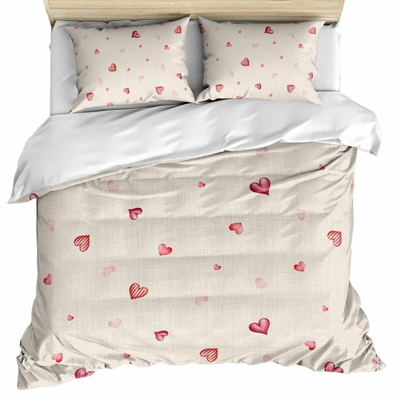 Valentine's Day Bedding 3 Piece Duvet Cover Set Twin Size, Red Love Heart Romantic Beige Burlap Soft Microfiber Comforter Cover with Zipper Closure & Pillowcases, Wrinkle & FadeResistant Quilt Cover