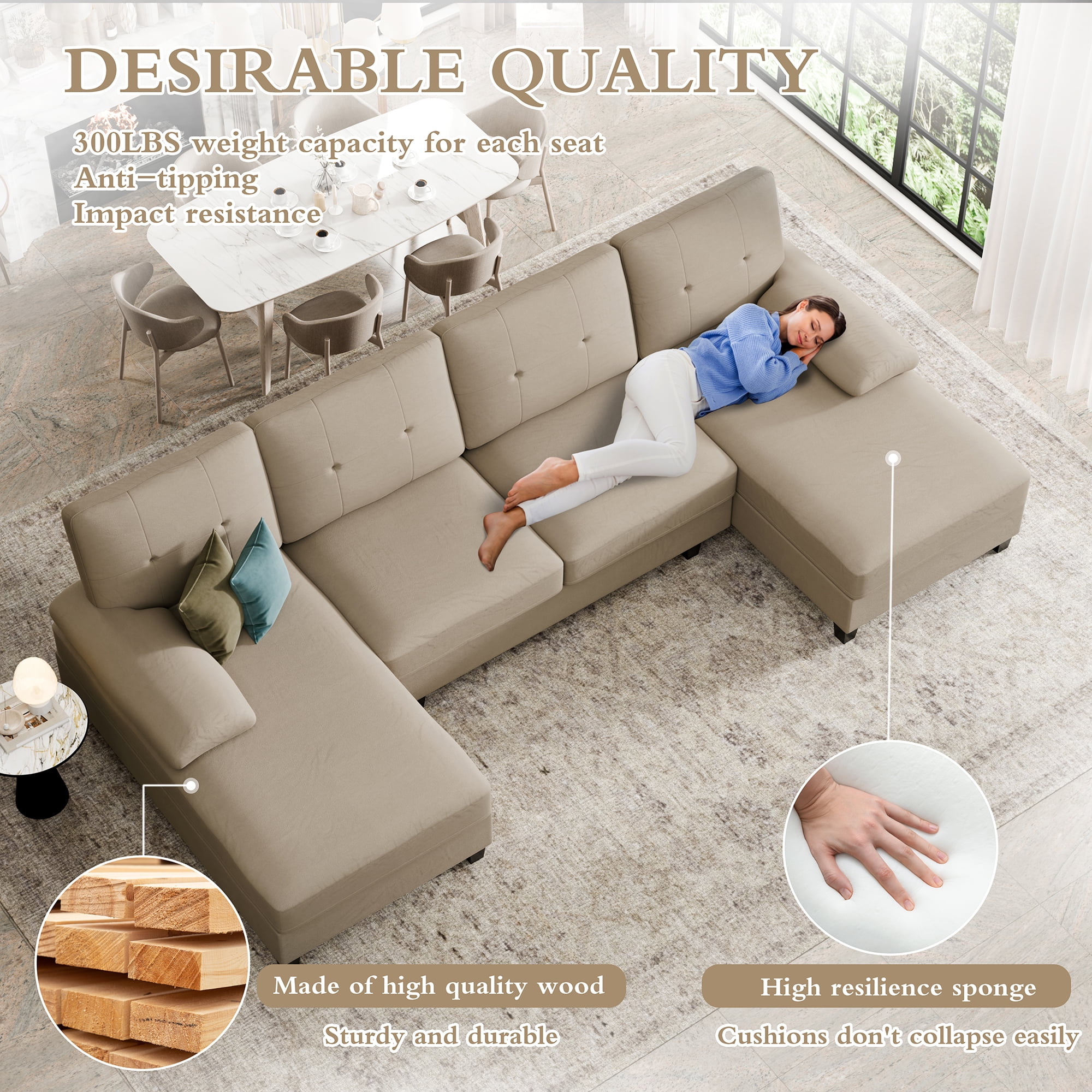 Walsunny U-Shaped Sectional Sofa Couch, 4 Seat U Shaped Oversized Clearance Sofa Set with Double Chaise for Living Room, Khaki