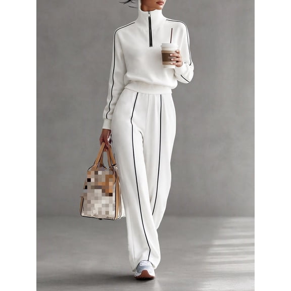Women's 2 Piece Set White Top & Sweatpants with Contrast Trim, Casual Autumn Outdoor Leisure Outfit
