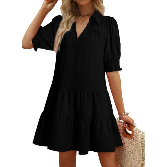 Casual Dresses for Women Lapel Collared V Neck Mid Sleeved Pleated Summer Dresses for Women 2025 Midi Dresses Black XL