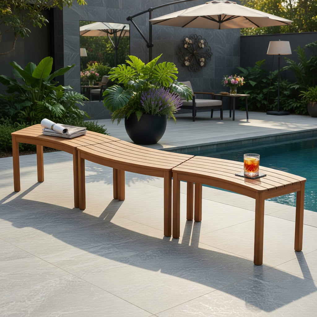 Hommoo Outdoor Acacia Wood Curved Bench Set of 3, Backless Patio Stools for Porch, Deck & Fire Pit Seating, Natural