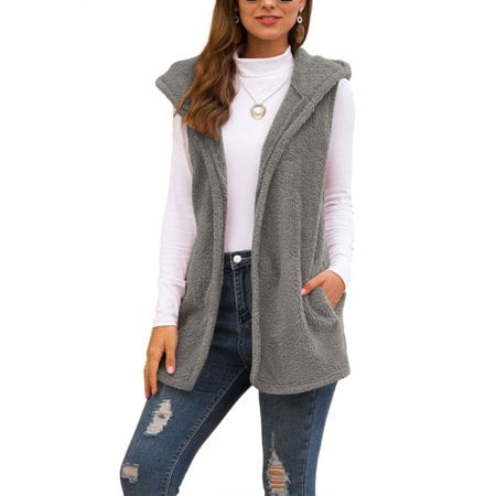 FEOYA Womens Casual Sherpa Fleece Vest Autumn Warm Fuzzy Outwear Lightweight Zip Up Jacket with Pockets 