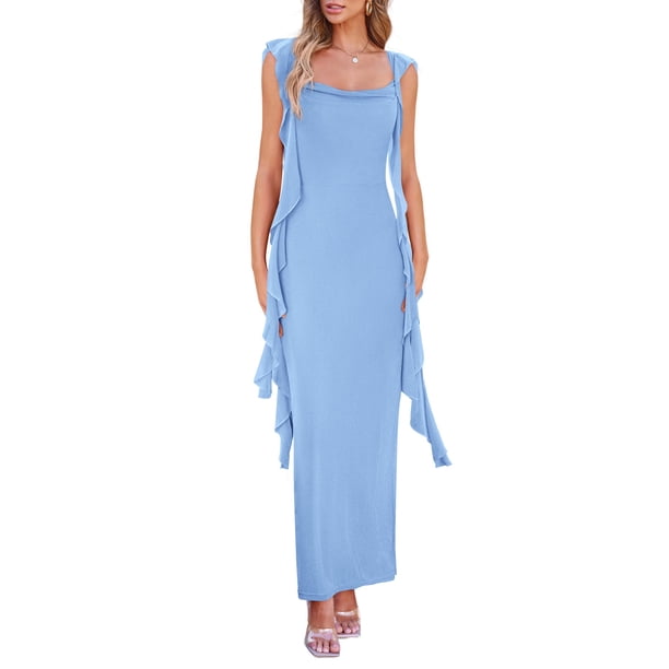 Vestido PRETTYGARDEN 2025 Verano Maxi Largo sin Mangas con Volantes L - Azul