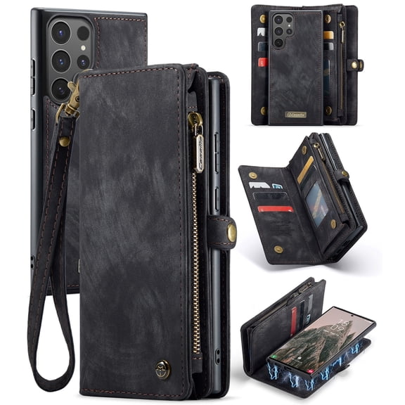 Dandapaier Detachable Wallet Case for Samsung Galaxy S25 Ultra, Retro Soft Leather Flip Cover with Zipper, Credit Card and Cash Holder, Magnetic Closure, for Women Men，Black