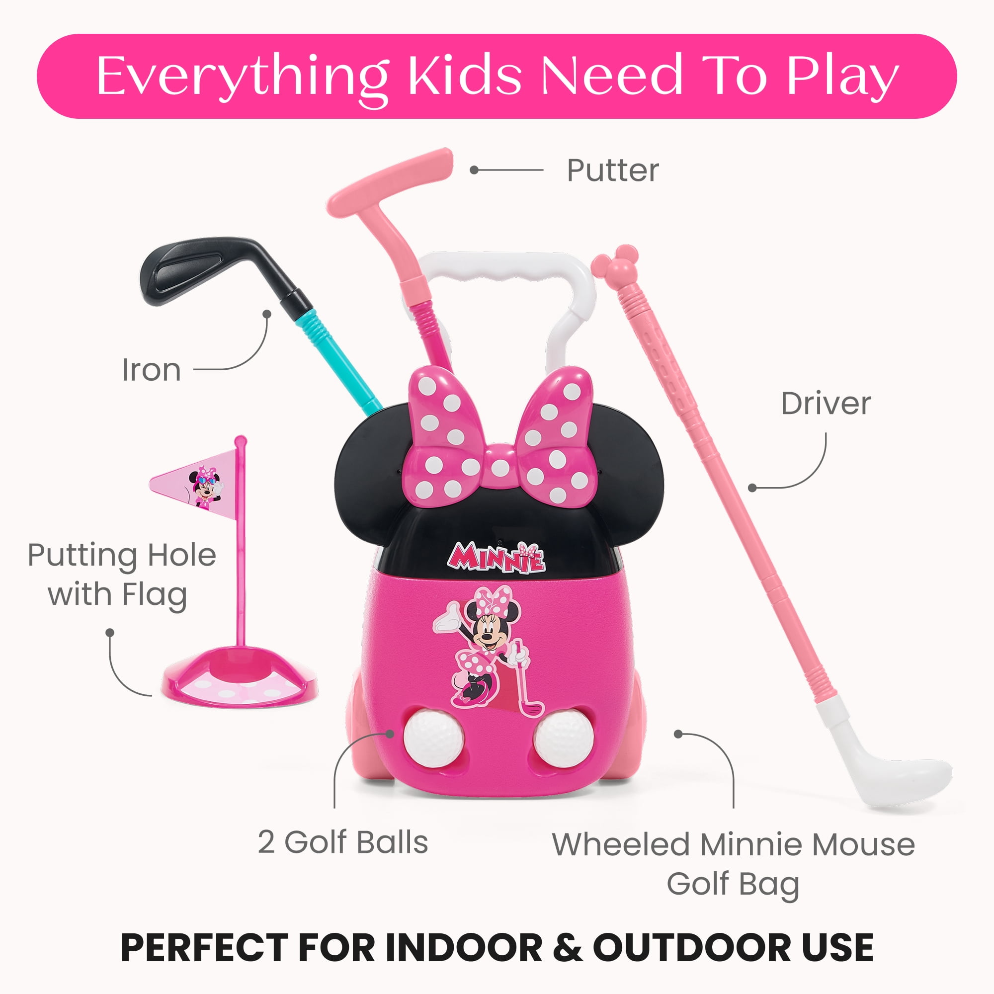 Minnie Mouse Golf Sports Set by Delta Children - 8-Piece Toddler Golf Playset with Wheeled Golf Bag, 3 Clubs, 2 Balls & Putting Hole