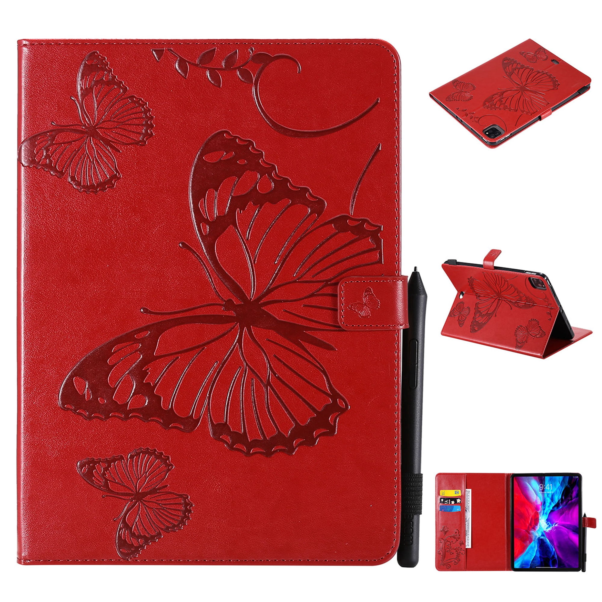 Dteck for iPad Pro 11 inch 4th Gen (2022)/3rd/2nd/1st Gen(2021/2020/2018),for iPad 10.9 Inch 2022/2020 iPad Air 5th/4th Embossed Butterfly PU Leather Folio Stand Case with Card Holders, Red