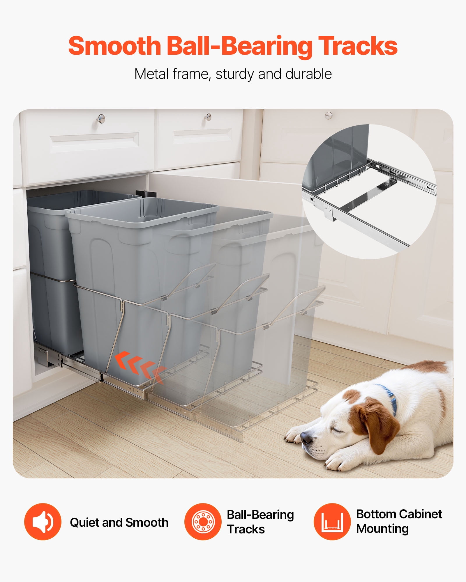 VEVOR Pullout Trash Can for Kitchen Cabinets, 35 QT x2 Double Under Sink Garbage Waste Recycling Bin, Under Mount Waste Container, with Heavy Duty Metal Full Extension Sliding System and Handle