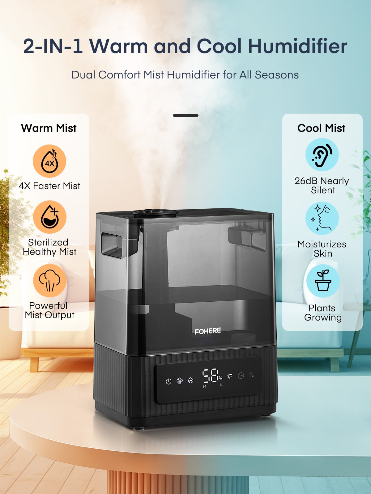 6L Warm Cool Mist Humidifier for Home, Top Fill Ultrasonic Quiet Humidifiers for Plants Baby Kids, Oil Diffuser, Sleep Mode, 12H Timer, Night Light