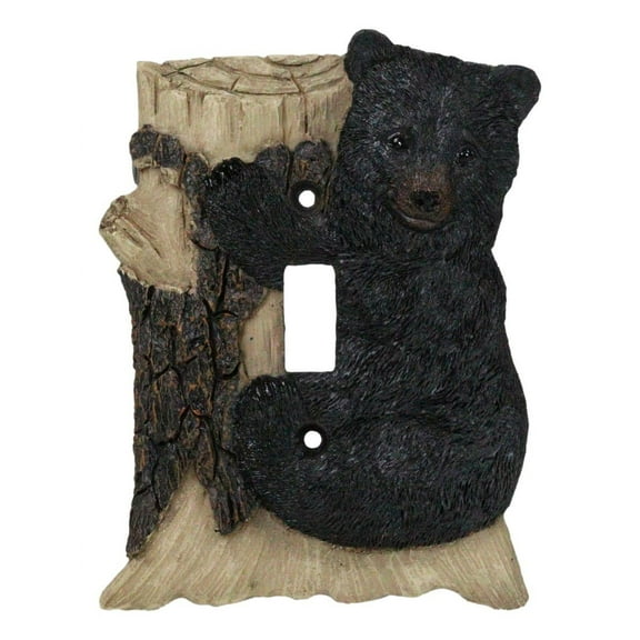 Set of 2 Rustic Black Bear Cub Climbing On Tree Wall Single Toggle Switch Plates