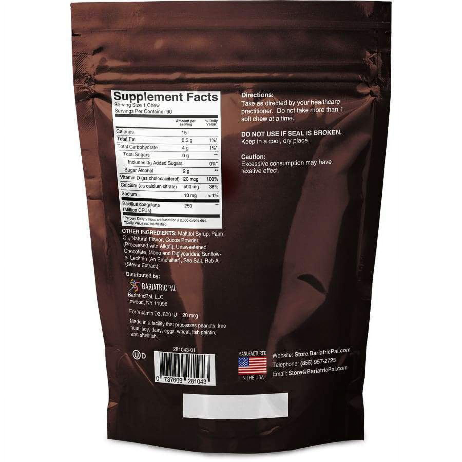 BariatricPal Sugar-Free Calcium Citrate Soft Chews 500mg with Probiotics - Belgian Chocolate Caramel Size: 270ct