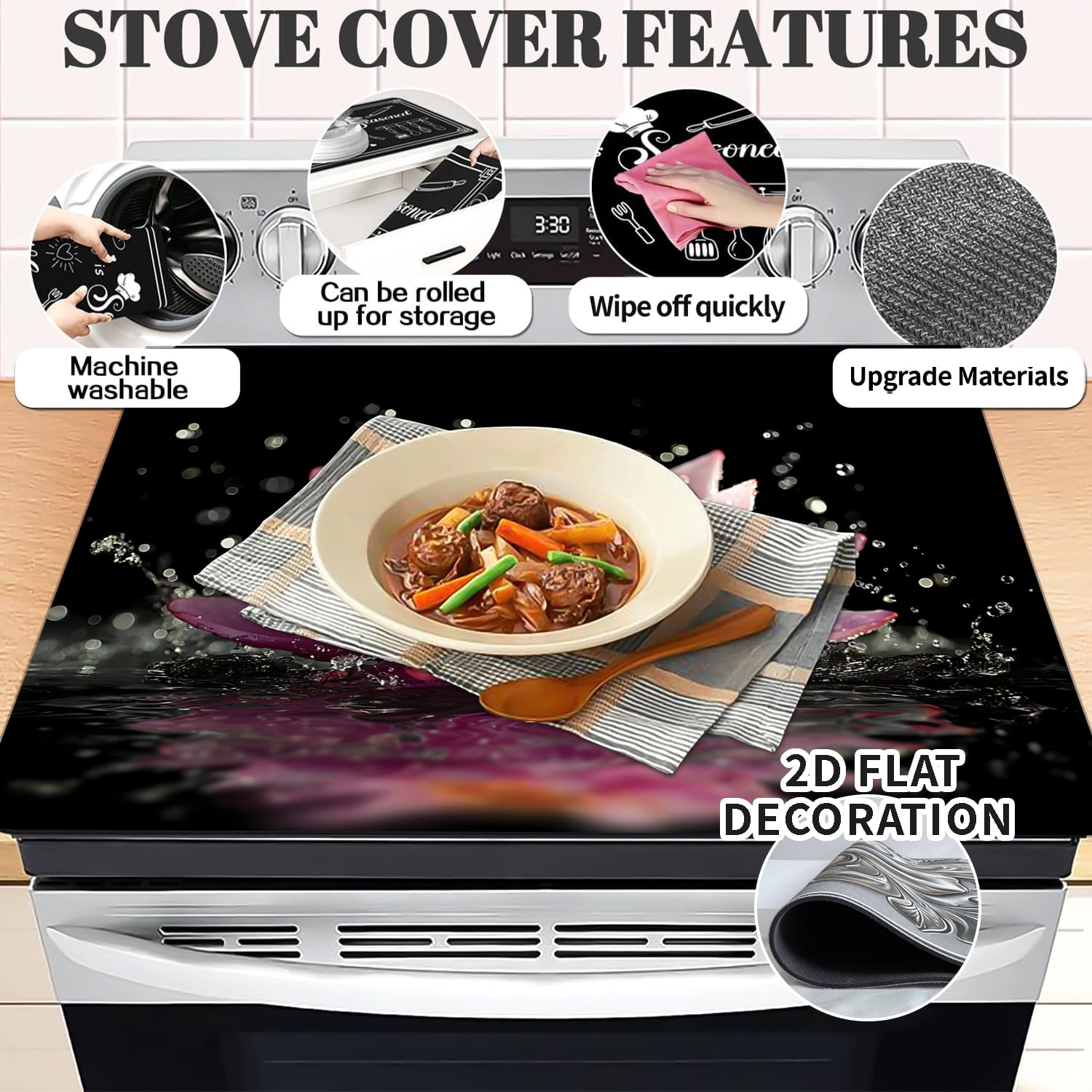 Lotus Stove Cover, Black Non Slip Kitchen Electric Stove Pad Washable 20x28inch, Heat Resist Gas Range Mat Induction Kitchen Decor Cooktop Protector Pad, 1Pc
