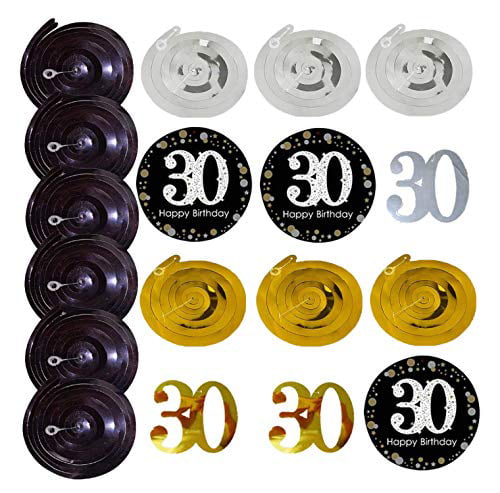 Famoby Black & Gold Glittery Happy 30th Birthday Banner,Poms,Sparkling 30 Hanging Swirls Kit for 30th Birthday Party 30th Anniversary Decorations Supplies 