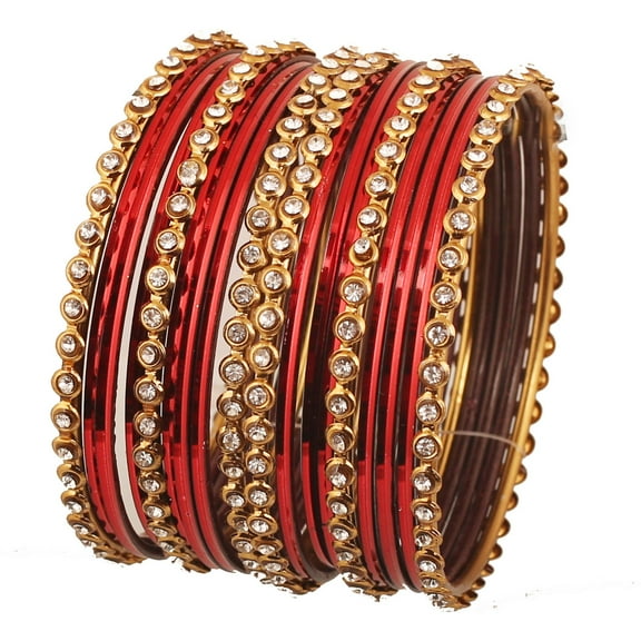 Sunsoul By Touchstone "Colorful Bangle Collection" Indian Bollywood Alloy Metal And Textured Lipstick Red Designer Jewelry Bangle Bracelets. Set of 18. In Antique Gold Tone For Women.