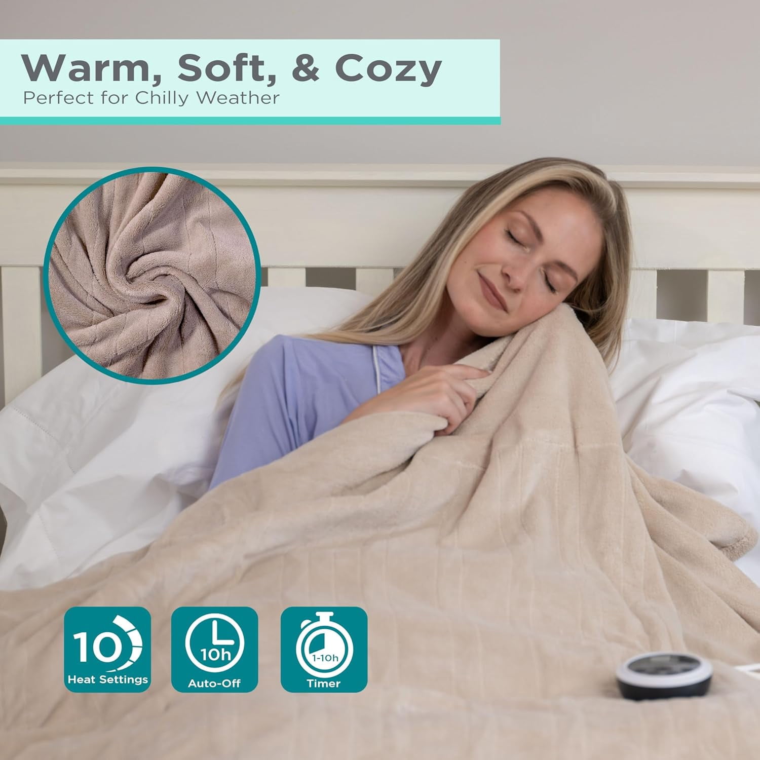 BLACK+DECKER Heated Blanket Electric Twin, 10 Heating Levels, 10H Timer, Auto Shutoff, 62x84 inches, Cream