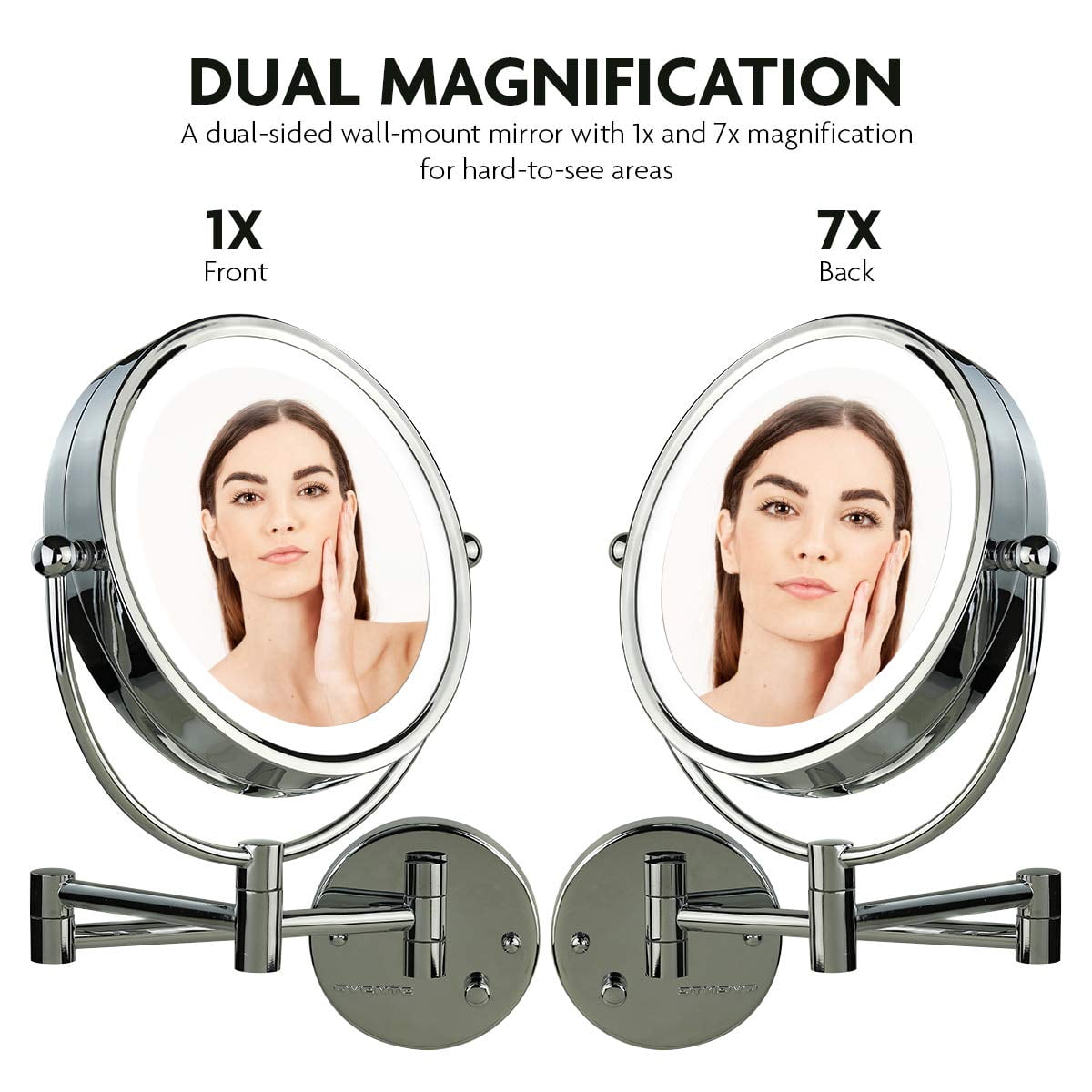 OVENTE 8.5'' Hardwired Lighted Wall Mount Makeup Mirror, 1X & 7X Magnifier, Polished Chrome MPWD3185CH1X7X
