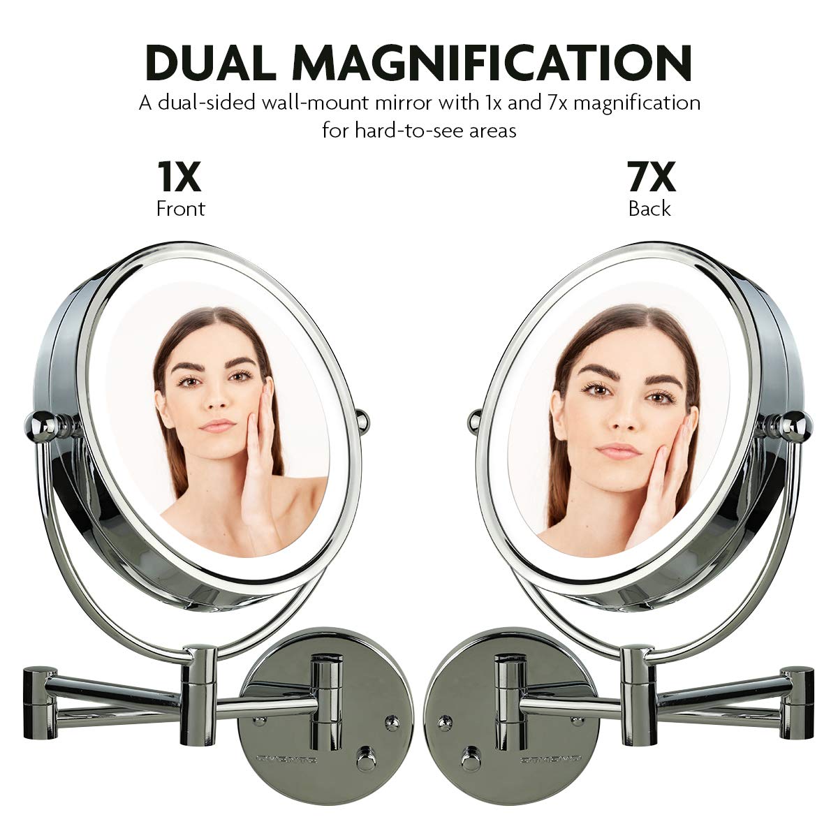 OVENTE 8.5'' Hardwired Lighted Wall Mount Makeup Mirror, 1X & 7X Magnifier, Polished Chrome MPWD3185CH1X7X - image 2 of 8