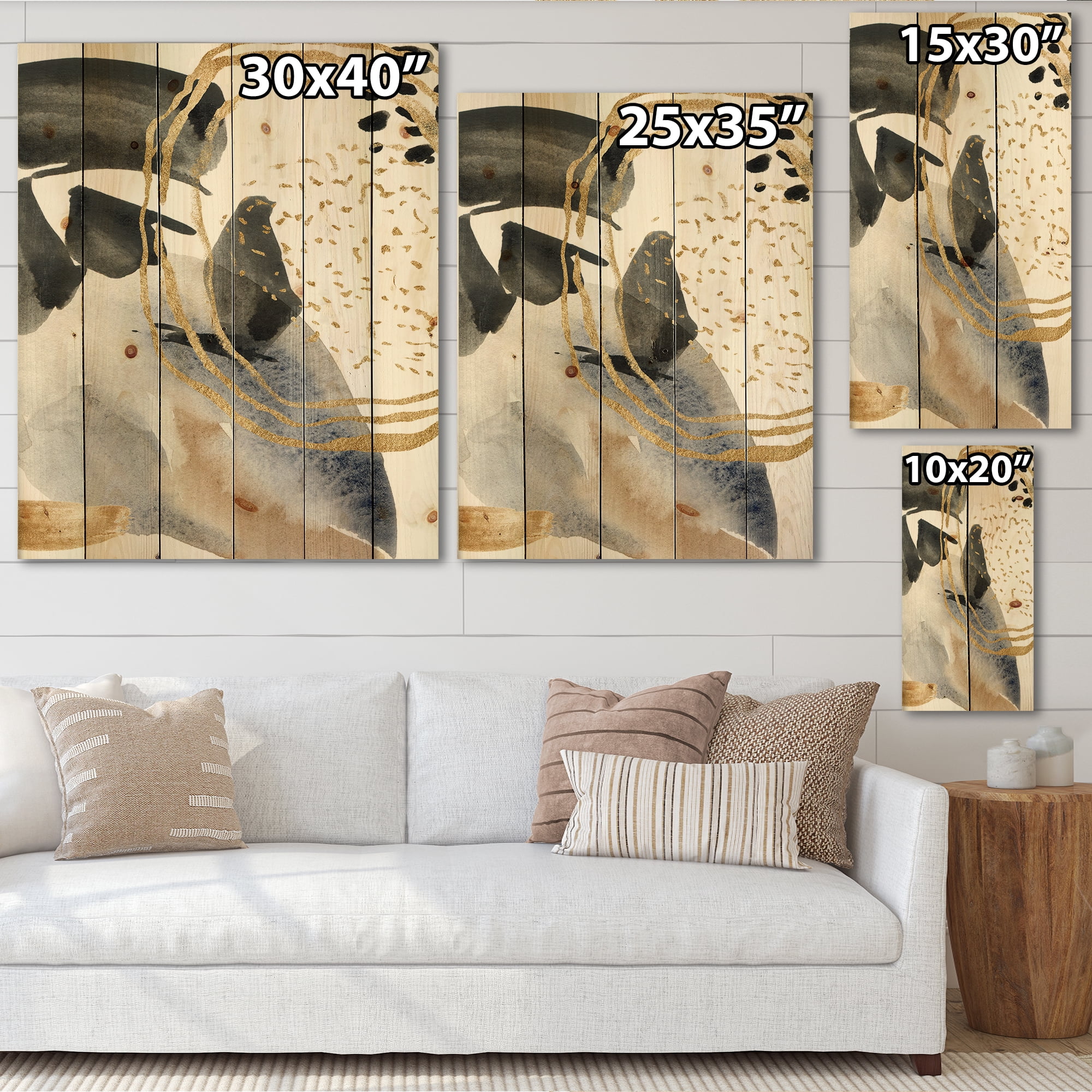 Designart 'Pastel Abstract With Black Blue Beige and Gold Spots' Modern Print on Natural Pine Wood