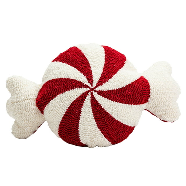 cojines navideños cojines decorativos con motivos navideños cojín ortopédico decoraciones navideñas cojines bonitos invierno hogar cojines para sofá salón dormitorio sofá Cojín con forma de caramelo rojo y blanco en vista frontal centrada. Textura de felpa tipo teddy y relleno PP; extremos anudados que simulan envoltura. Tamaños según ficha: 22.83"/15.75"/21.65"; fondo blanco, apto para sofá, cama o silla.