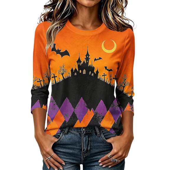 Womens Plus Size Halloween Shirts Crewneck 3/4 Sleeve Graphic Tees Funny Print Casual Tops Pullover Orange 3XL