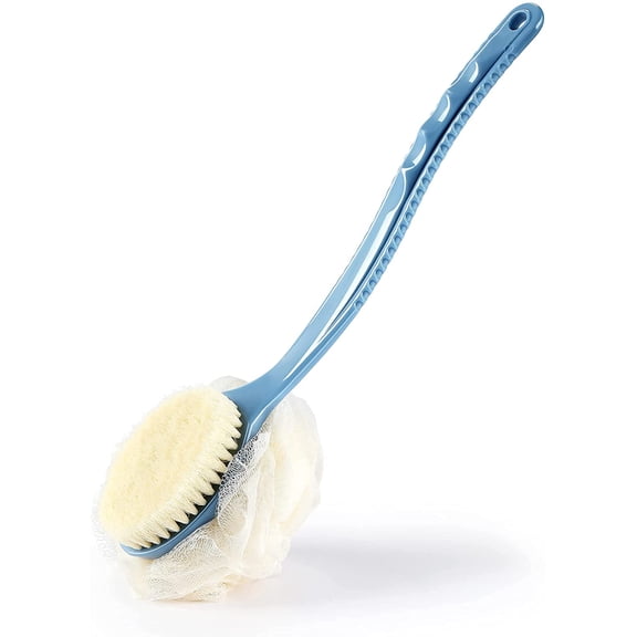 2 in 1 Long Curved Handle Shower Body Brush, Dual-Sided Bath Scrubber with Soft Massage Bristles & Mesh Loofah Sponge, Wet Dry Exfoliating Back Brush for Men Women