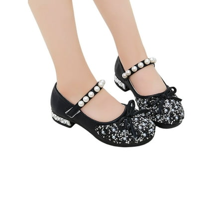 

Eloshman Girl s Dress Shoes Bow Flats Comfort Mary Jane Party Cute Ankle Strap Princess Shoe Non-Slip Black 10C