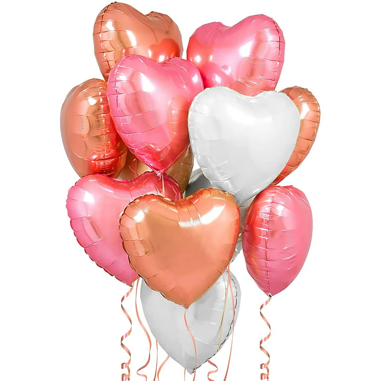 Big 12 Pieces Rose Gold Heart Balloons - 18 Inch, Mylar Pink Heart Balloons, Valentines Day Decor, Rose Gold Metallic Balloon, White Heart Shaped  Balloons