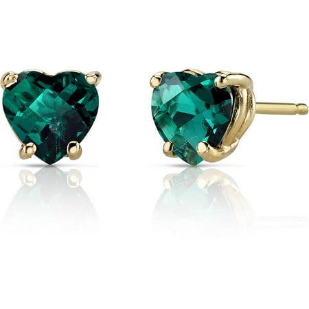 Oravo 1.50 Carat T.G.W. Heart-Shape Created Emerald 14kt Yellow Gold Stud Earrings